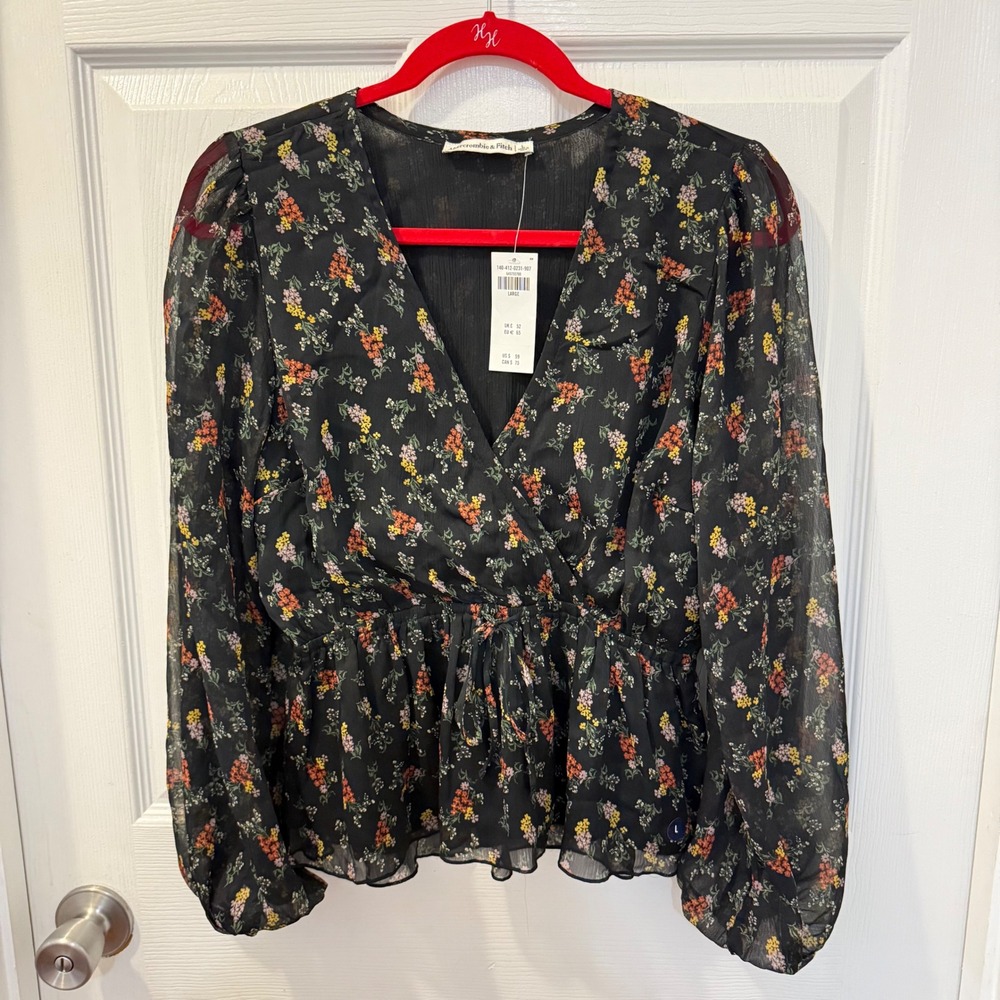 NWT Abercrombie & Fitch A&F Womens L Ditsy Floral Peplum Tie Front Blouse Black